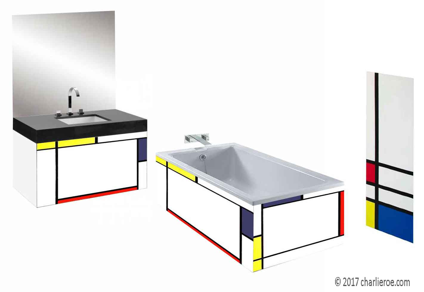 Piet Mondrian De Stijl style painted wall hung vanity unit & mirror wall unit & bath panel & radiator bathroom interior