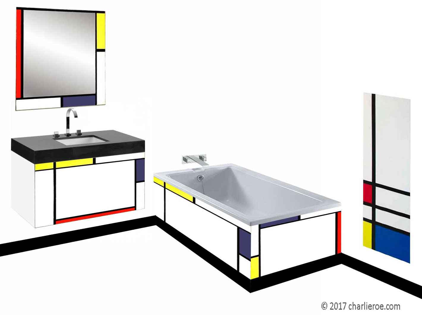 Piet Mondrian De Stijl style painted wall hung vanity unit & mirror wall unit & bath panel & radiator bathroom interior