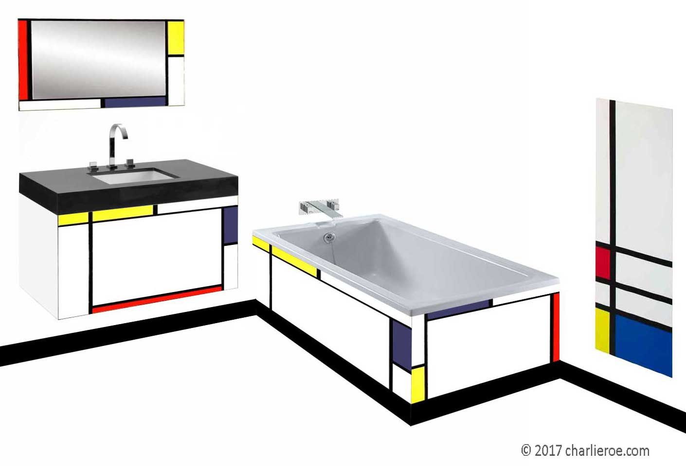 Piet Mondrian De Stijl style painted wall hung vanity unit & mirror wall unit & bath panel & radiator bathroom interior