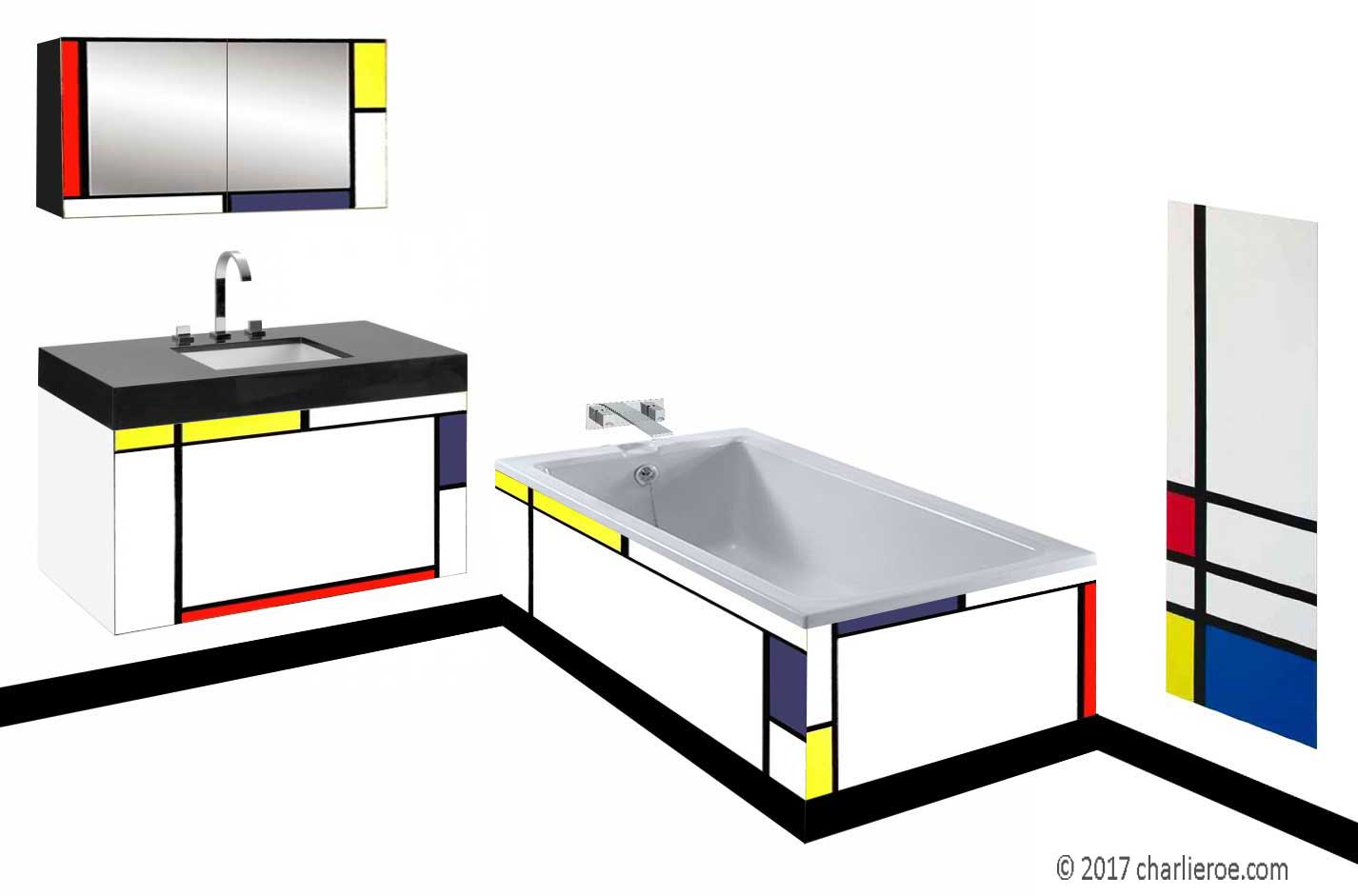 Piet Mondrian De Stijl style painted wall hung vanity unit & mirror wall unit & bath panel & radiator bathroom interior
