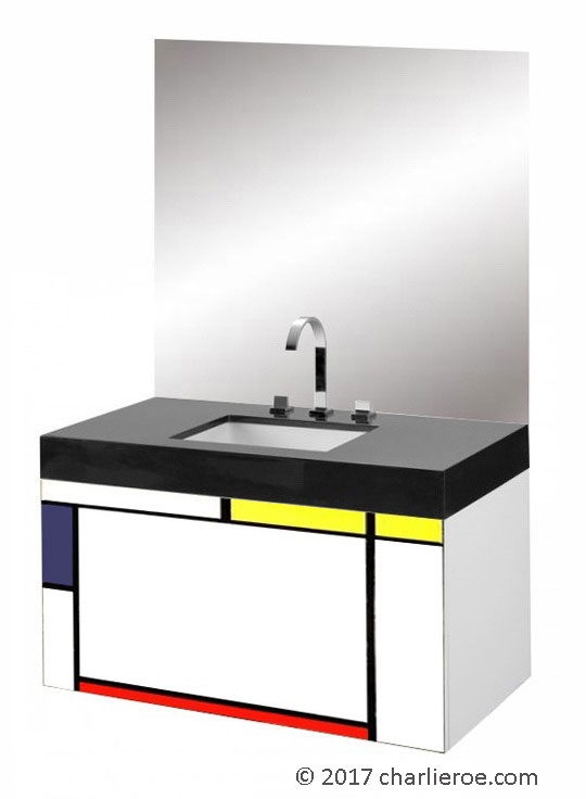 Piet Mondrian De Stijl style painted wall hung vanity unit & mirror wall unit & bath panel & radiator bathroom interior