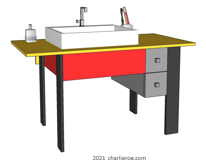New De Stijl Movement style vanity unit table stand painted in typical De Stijl colours with drawer(s)