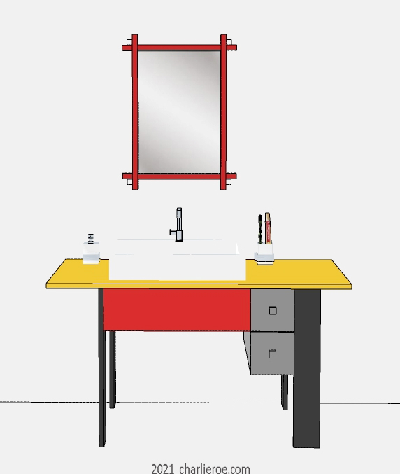 New De Stijl Movement style vanity unit table stand painted in typical De Stijl colours with drawer(s)