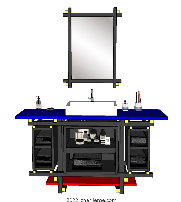 New Gerrit Rietveld De Stijl Movement Piet Mondrian style vanity unit painted in De Stijl colours with piet mondrian door design