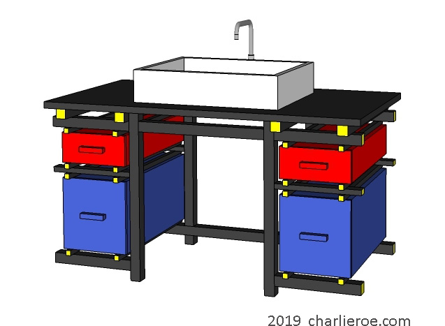 New Gerrit Rietveld De Stijl Movement Piet Mondrian style vanity unit painted in De Stijl Red Blue colours