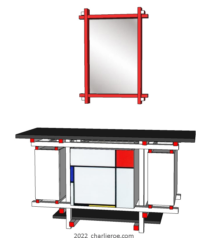 New Gerrit Rietveld De Stijl large coffee table, TV stand or stereo unit with storage boxes cupboards or drawers in painted finish, with Piet Mondrian style door design