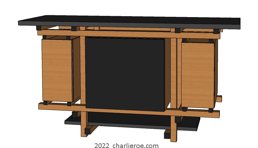 new Gerrit Rietveld De Stijl large coffee table, TV stand or stereo unit with storage boxes cupboards or drawers in an Oak wood finish with black painted door