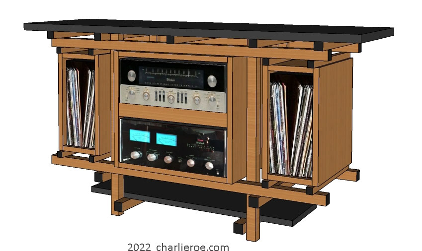 new Gerrit Rietveld De Stijl design for a large coffee table, TV stand or stereo unit with storage boxes cupboards or drawers in oak & painted finishes