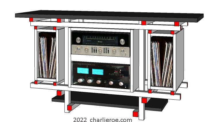 new Gerrit Rietveld De Stijl large coffee table, TV stand or stereo unit with storage boxes cupboards or drawers in painted finish