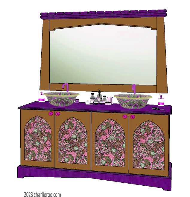 new Reformed Gothic Revival Gothique Gotik 4 door painted vanity unit cabinet with decorative Lancet door panels and matching large wall mirror