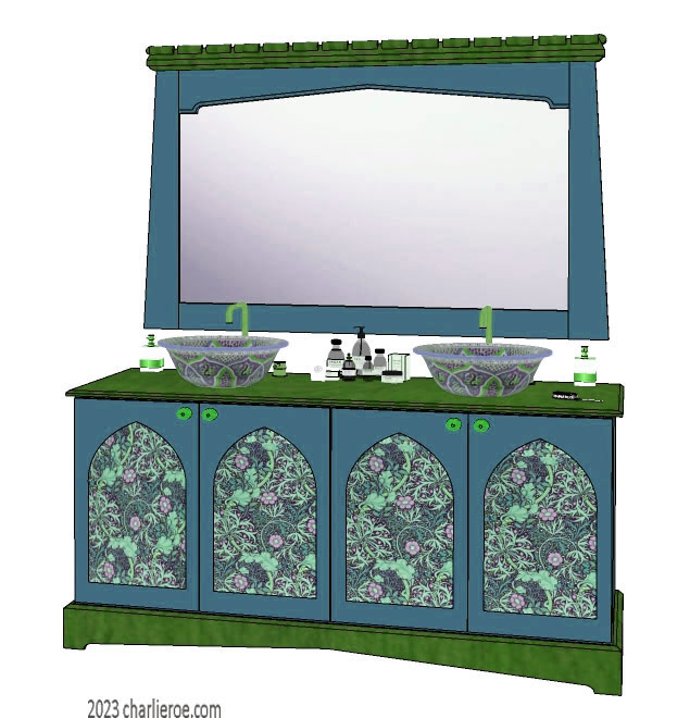 new Reformed Gothic Revival Gothique Gotik 4 door painted vanity unit cabinet with decorative Lancet door panels and matching large wall mirror