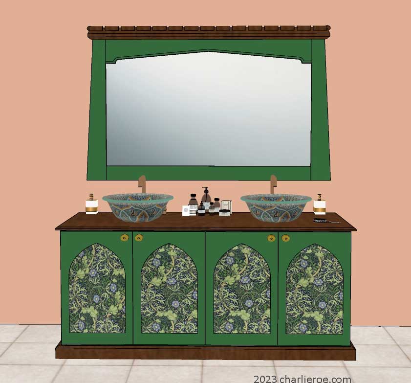 new Reformed Gothic Revival Gothique Gotik 4 door painted vanity unit cabinet with decorative Lancet door panels and matching large wall mirror