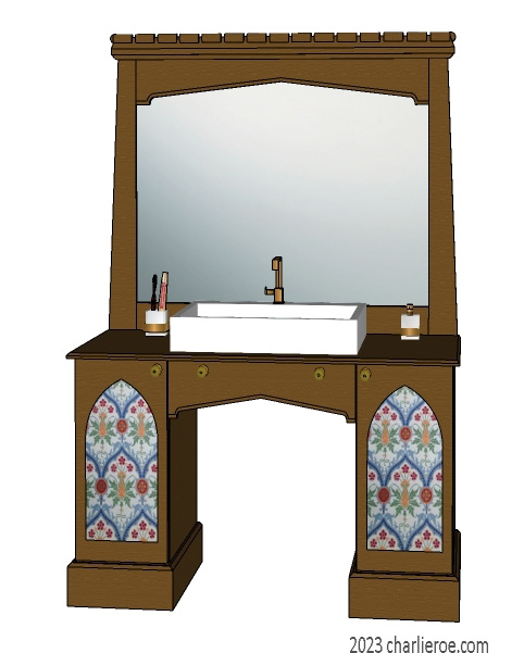 new Reformed Gothic Revival Gothique Gotik 2 door painted vanity unit cabinet with decorative Lancet door panels and matching large wall mirror
