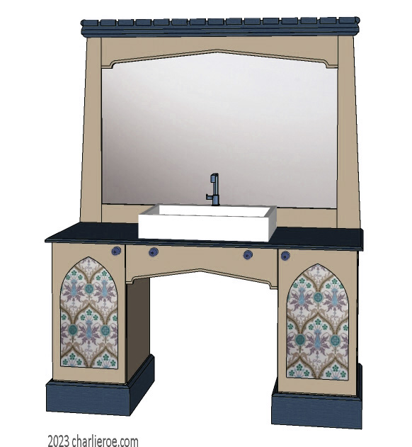 new Reformed Gothic Revival Gothique Gotik 2 door painted vanity unit cabinet with decorative Lancet door panels and matching large wall mirror