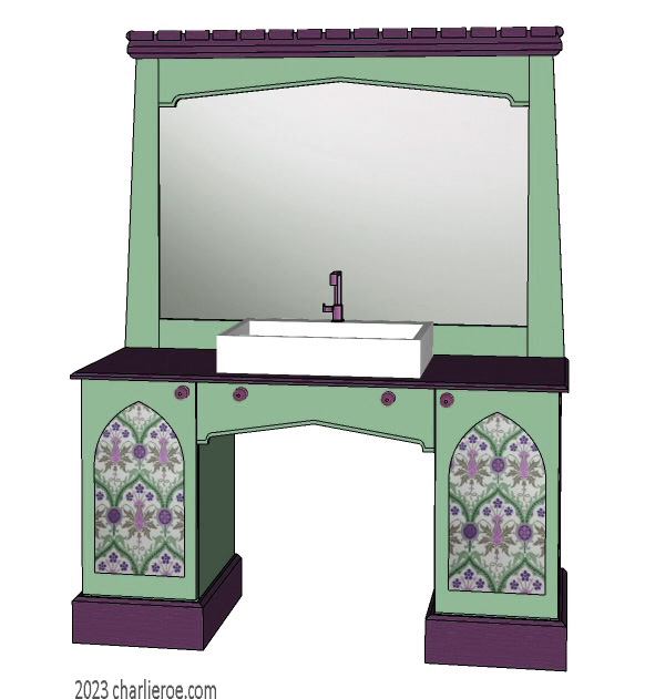 new Reformed Gothic Revival Gothique Gotik 2 door painted vanity unit cabinet with decorative Lancet door panels and matching large wall mirror