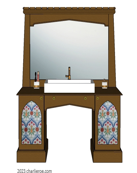new Reformed Gothic Revival Gothique Gotik 2 door painted vanity unit cabinet with decorative Lancet door panels and matching large wall mirror