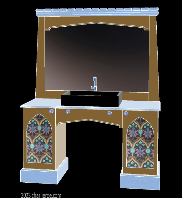 new Reformed Gothic Revival Gothique Gotik 2 door painted vanity unit cabinet with decorative Lancet door panels and matching large wall mirror