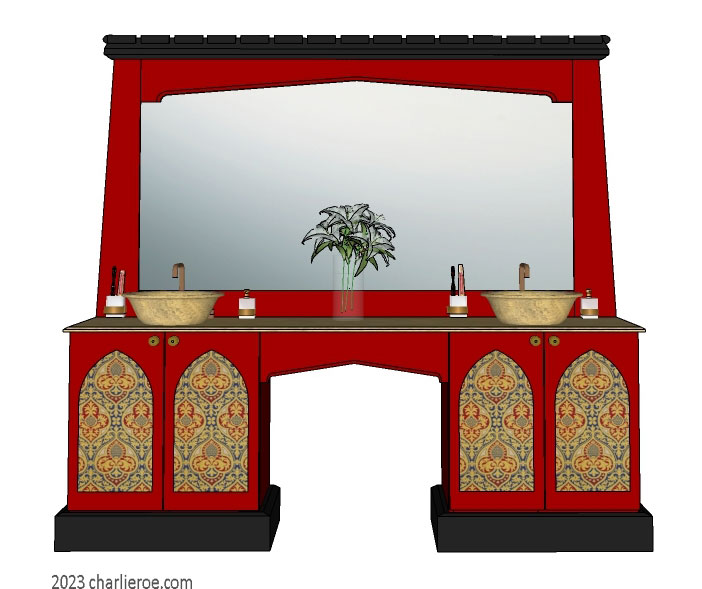 new Reformed Gothic Revival Gothique Gotik 4 door painted vanity unit cabinet with decorative Lancet door panels and matching large wall mirror
