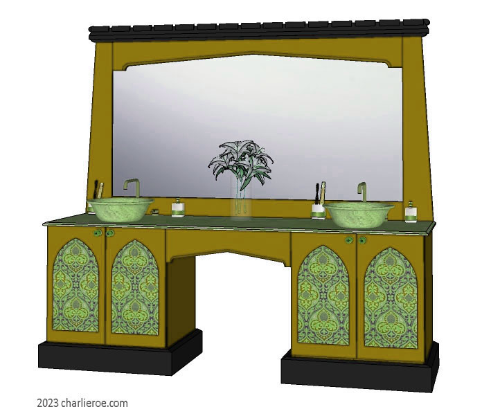 new Reformed Gothic Revival Gothique Gotik 4 door painted vanity unit cabinet with decorative Lancet door panels and matching large wall mirror