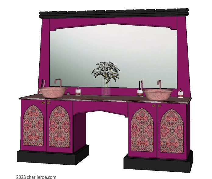 new Reformed Gothic Revival Gothique Gotik 4 door painted vanity unit cabinet with decorative Lancet door panels and matching large wall mirror