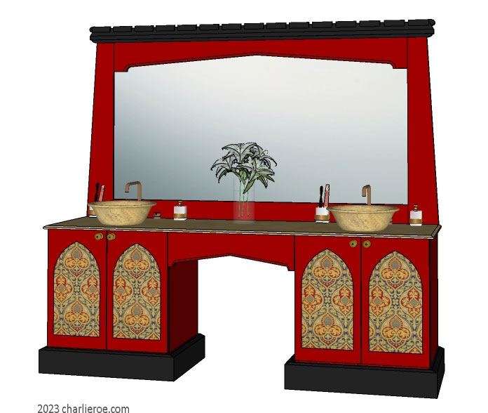 new Reformed Gothic Revival Gothique Gotik 4 door painted vanity unit cabinet with decorative Lancet door panels and matching large wall mirror