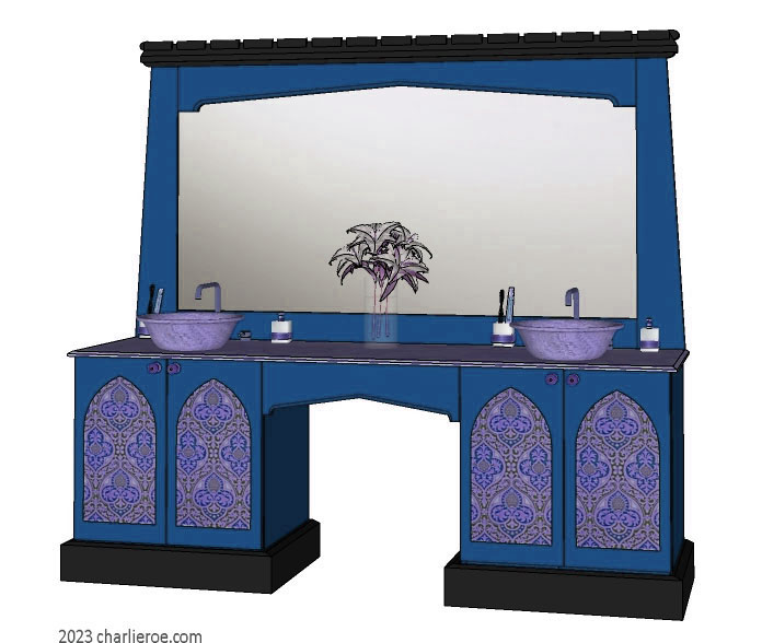 new Reformed Gothic Revival Gothique Gotik 4 door painted vanity unit cabinet with decorative Lancet door panels and matching large wall mirror