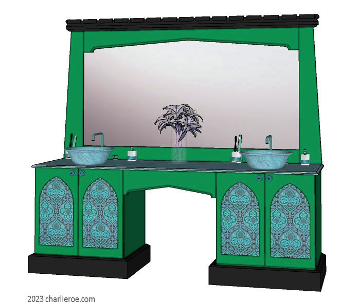 new Reformed Gothic Revival Gothique Gotik 4 door painted vanity unit cabinet with decorative Lancet door panels and matching large wall mirror