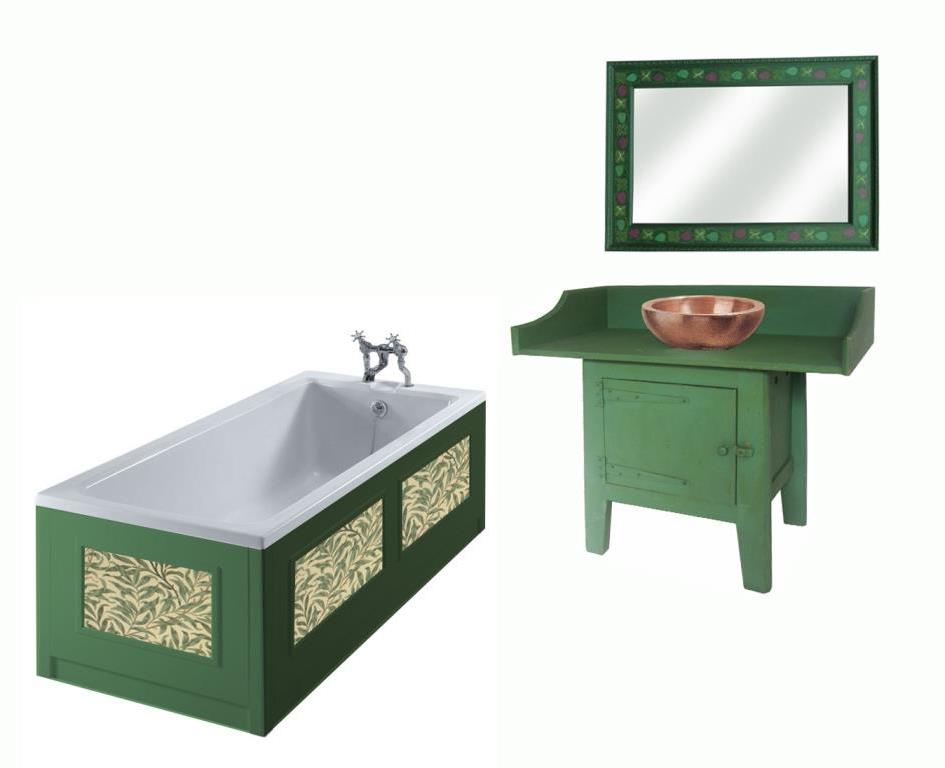 William Morris Gothic Revival 'Artisan' painted washstand vanity unit cupboard wall mirror with vine pattern & matching bath panels