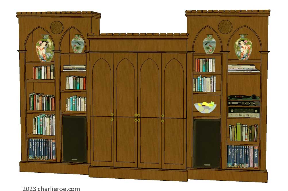 new Gothic Revival Gothique Gotik breakfront dark wood bookcases & entertainment media centre TV unit with bi-fold doors and lancet arches