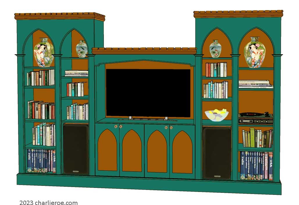 new Gothic Gothique Gotik bookcases entertainment media centre TV unit with lancet arches in a painted finish