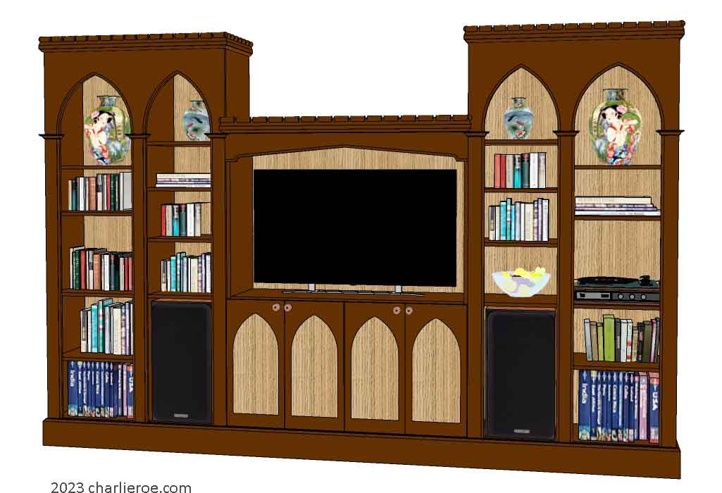 new Gothic Gothique Gotik bookcases entertainment media centre TV unit with lancet arches in a painted finish