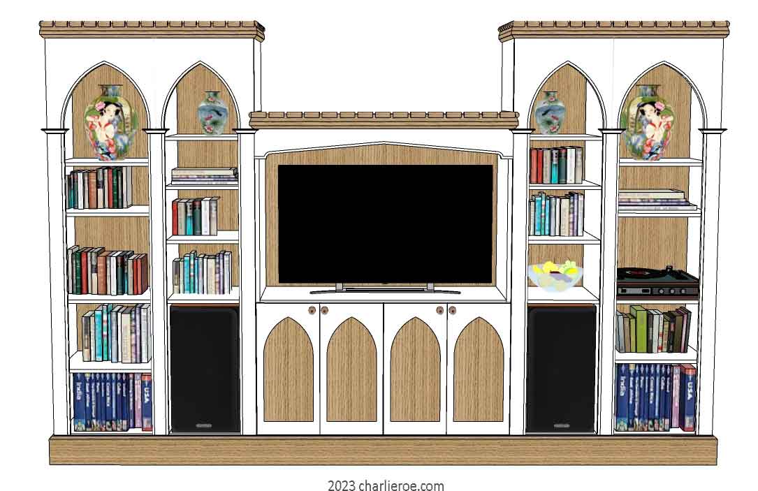 new Gothic Gothique Gotik bookcases entertainment media centre TV unit with lancet arches in a painted finish
