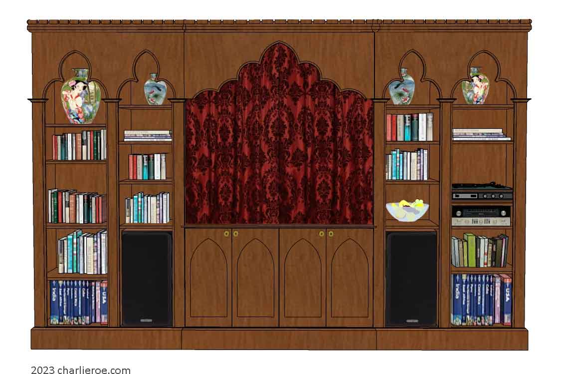 new Gothic Gothique Gotik bookcases entertainment media centre TV unit with lancet arches in a painted finish