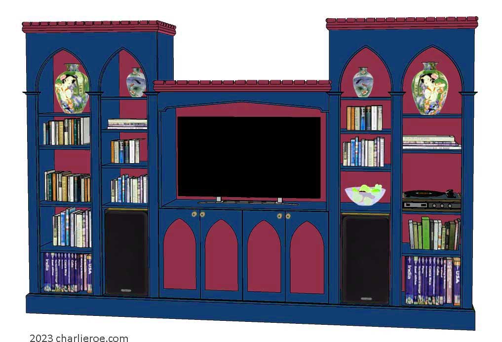 new Gothic Gothique Gotik bookcases entertainment media centre TV unit with lancet arches in a painted finish