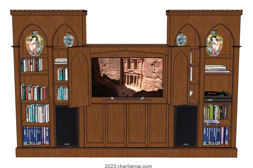 new Gothic Gothique Gotik bookcases entertainment media centre TV unit with lancet arches, shown with bi-fold doors open in a dark wood finish