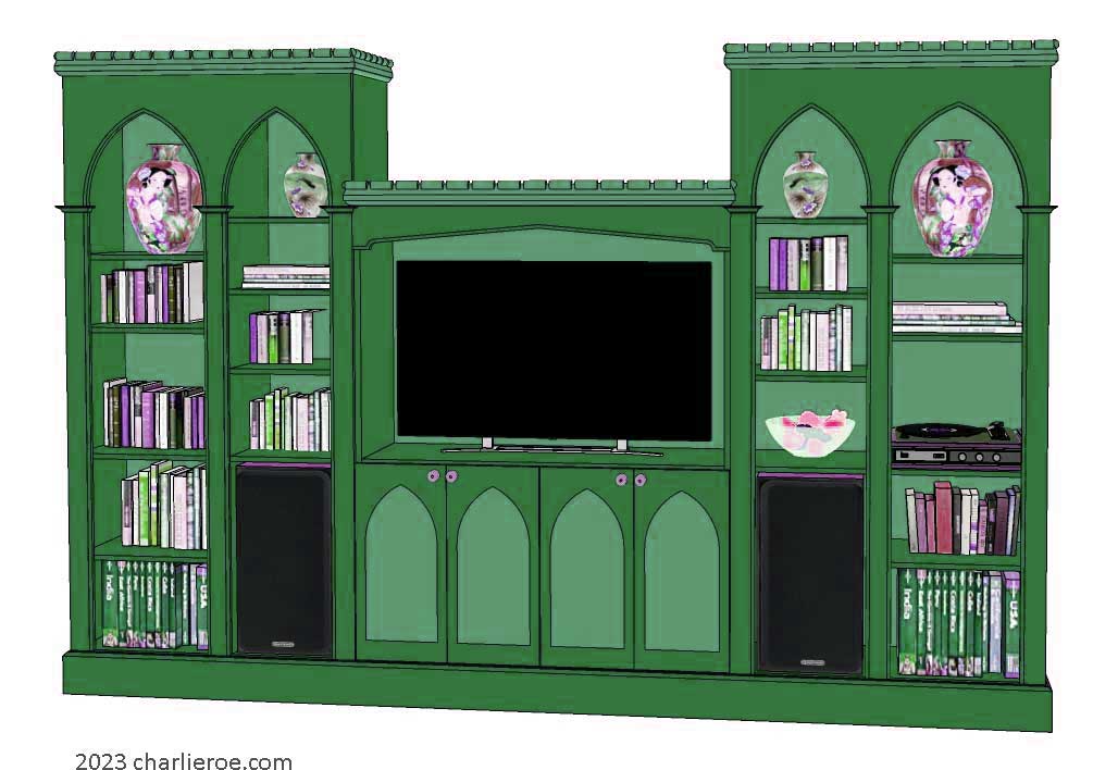 new Gothic Gothique Gotik bookcases entertainment media centre TV unit with lancet arches in a painted finish