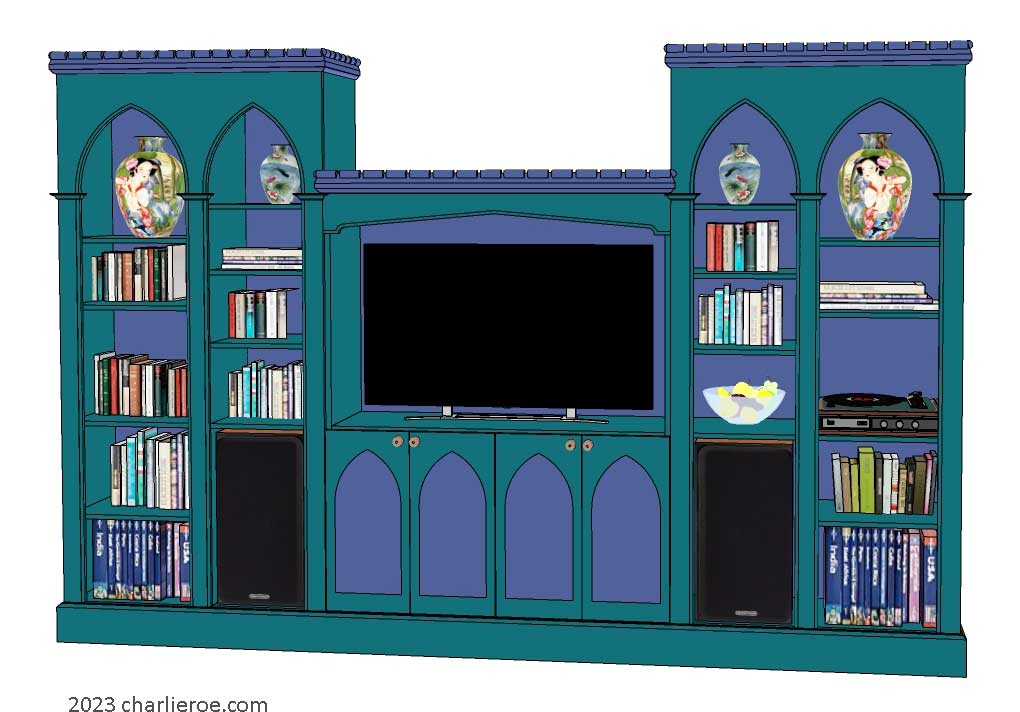 new Gothic Gothique Gotik bookcases entertainment media centre TV unit with lancet arches in a painted finish