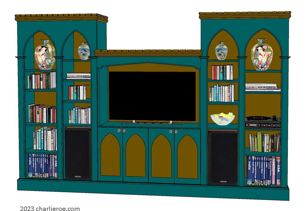 new Gothic Gothique Gotik bookcases entertainment media centre TV unit with lancet arches in a painted finish