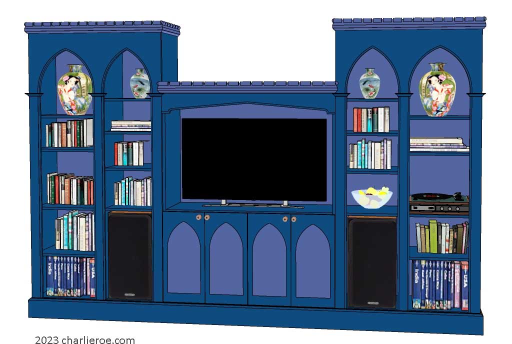 new Gothic Gothique Gotik bookcases entertainment media centre TV unit with lancet arches in a painted finish