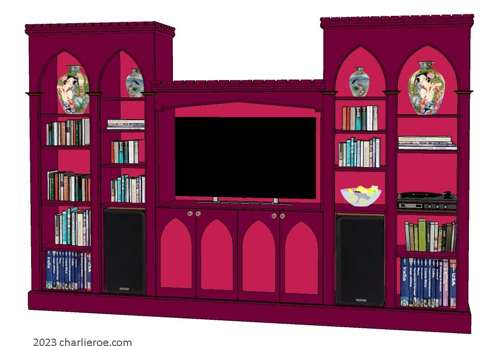 new Gothic Gothique Gotik bookcases entertainment media centre TV unit with lancet arches in a painted finish