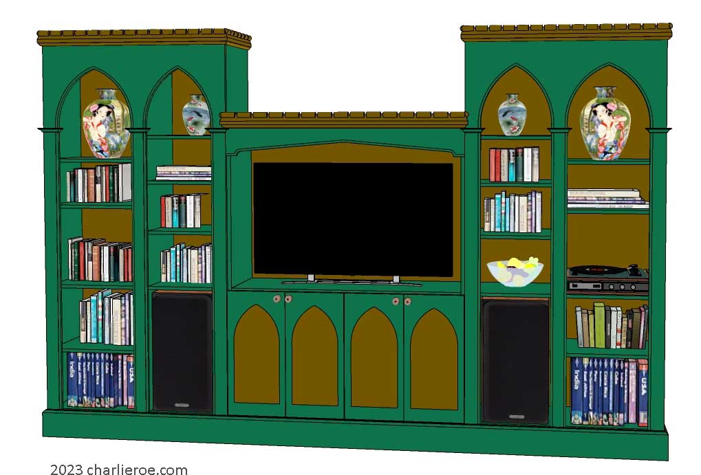 new Gothic Gothique Gotik bookcases entertainment media centre TV unit with lancet arches in a painted finish