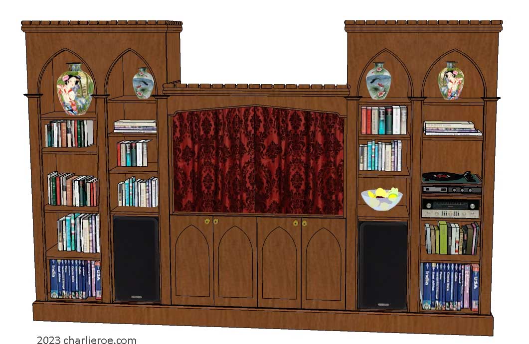 new Gothic Gothique Gotik bookcases entertainment media centre TV unit with lancet arches in a painted finish