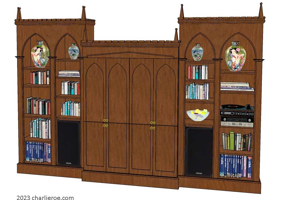 new Gothic Gothique Gotik dark wood finish bookcases entertainment media centre TV unit with lancet arches & finials