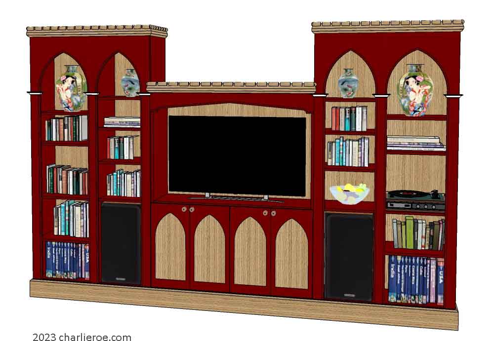 new Gothic Gothique Gotik bookcases entertainment media centre TV unit with lancet arches in a painted finish