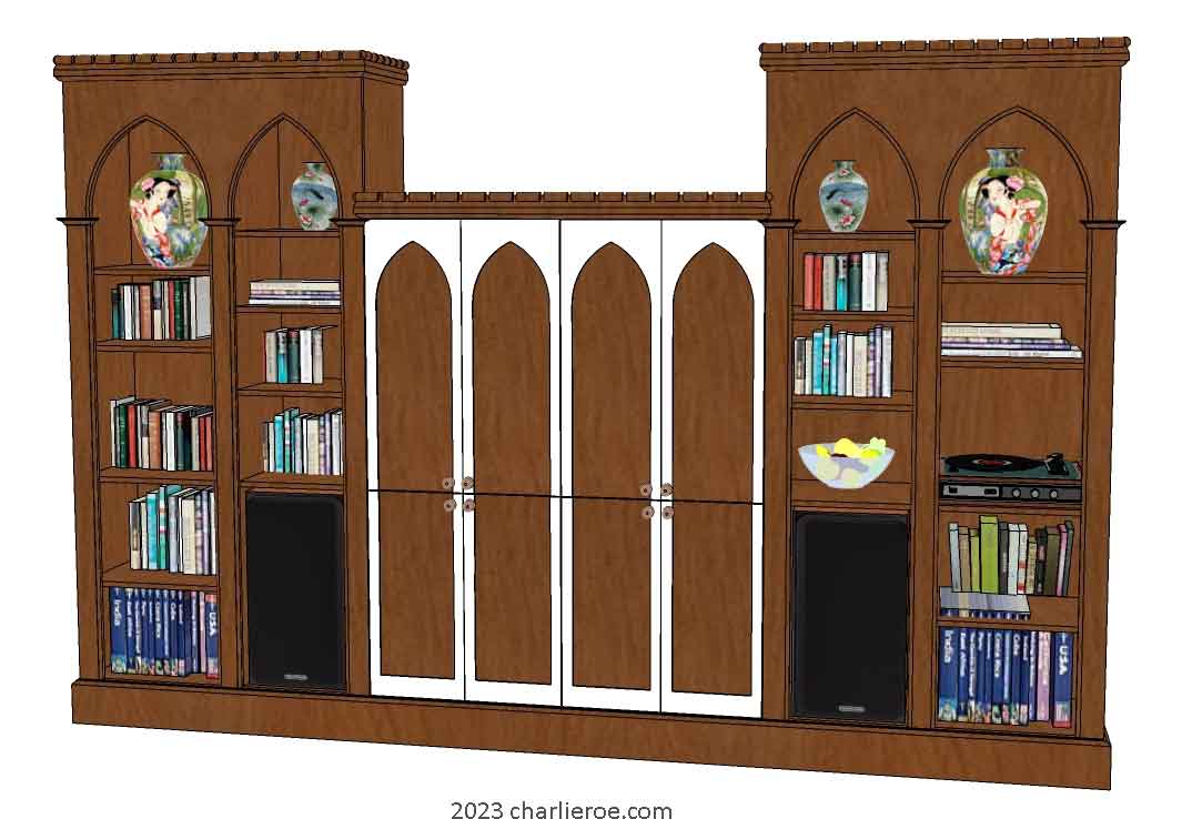 new Gothic Gothique Gotik bookcases entertainment media centre TV unit with lancet arches in a painted finish