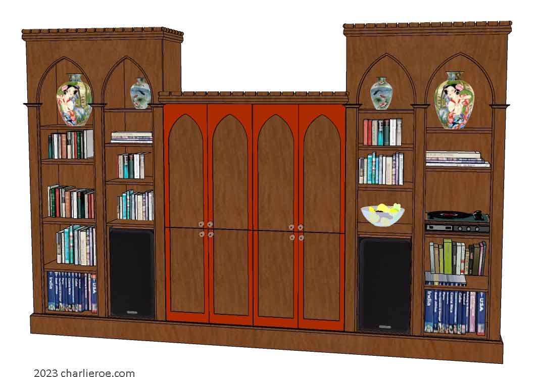 new Gothic Gothique Gotik bookcases entertainment media centre TV unit with lancet arches in a painted finish
