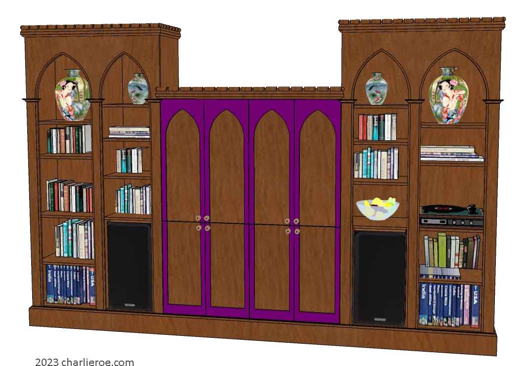 new Gothic Gothique Gotik bookcases entertainment media centre TV unit with lancet arches in a painted finish