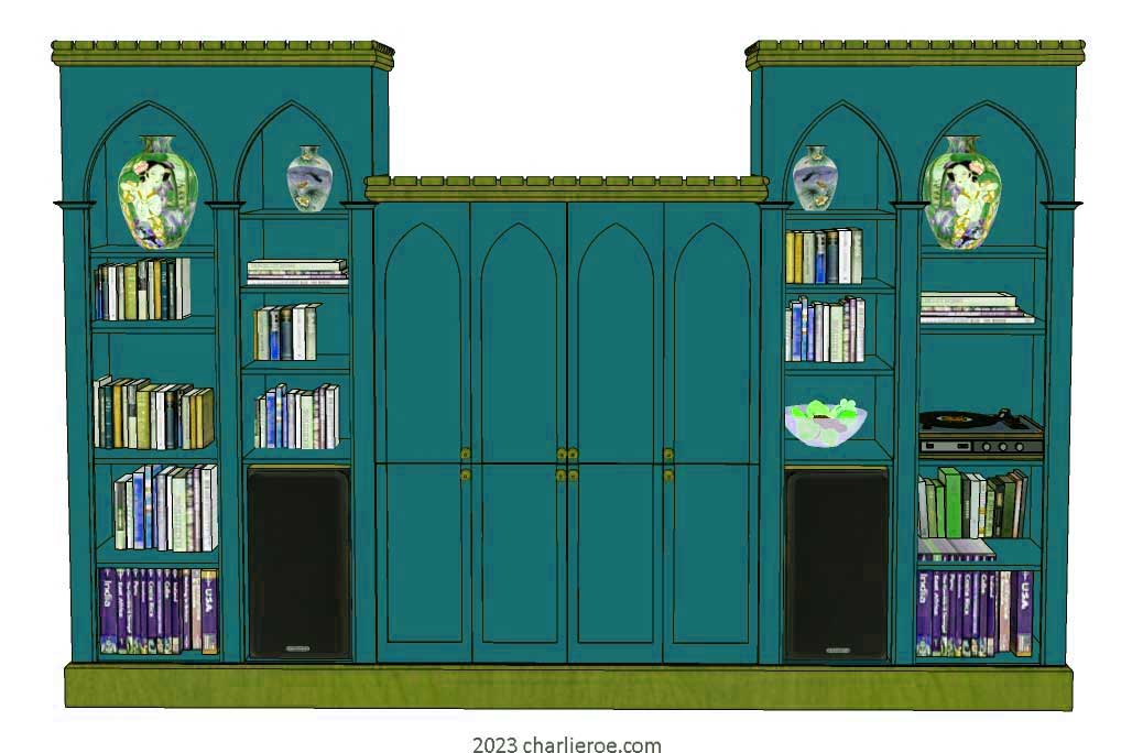 new Gothic Gothique Gotik bookcases entertainment media centre TV unit with lancet arches in a painted finish