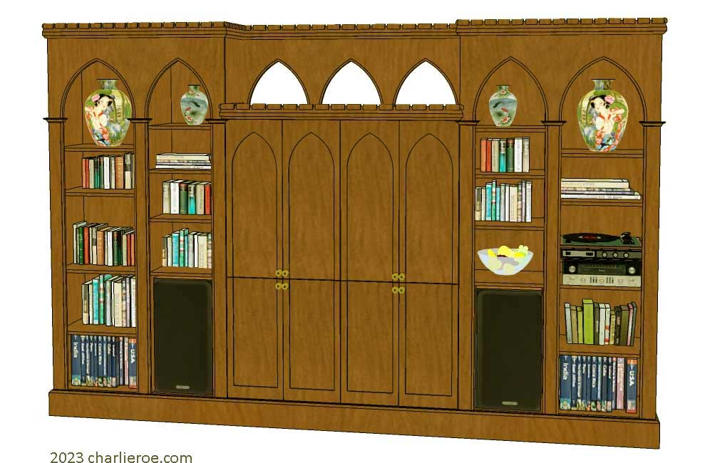 new Gothic Gothique Gotik bookcases entertainment media centre TV unit with lancet arches in a medium oak wood finish