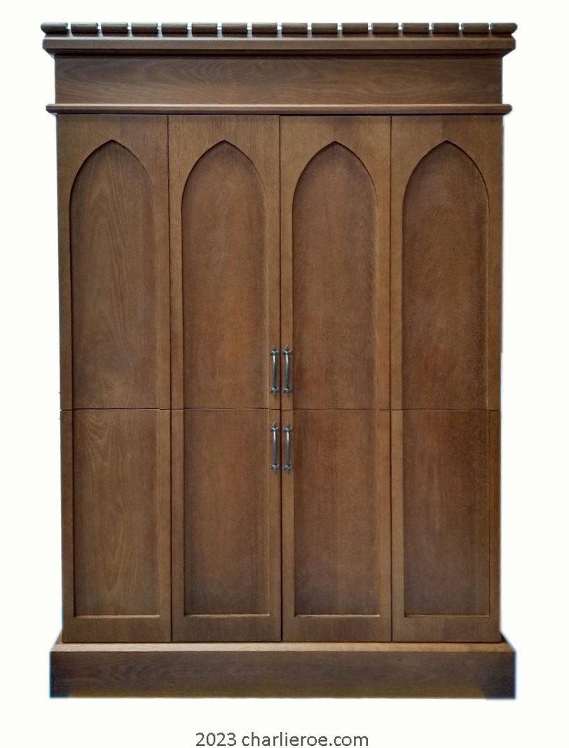 new Gothic Revival Gothique Gotik dark wood entertainment media centre TV unit with lancet arches & bi-fold doors